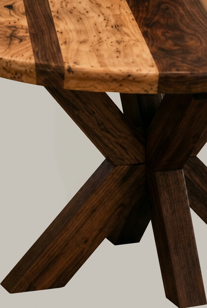 72 x 48 inch elliptical maple and walnut dining table on sculptural walnut X base, alternate view