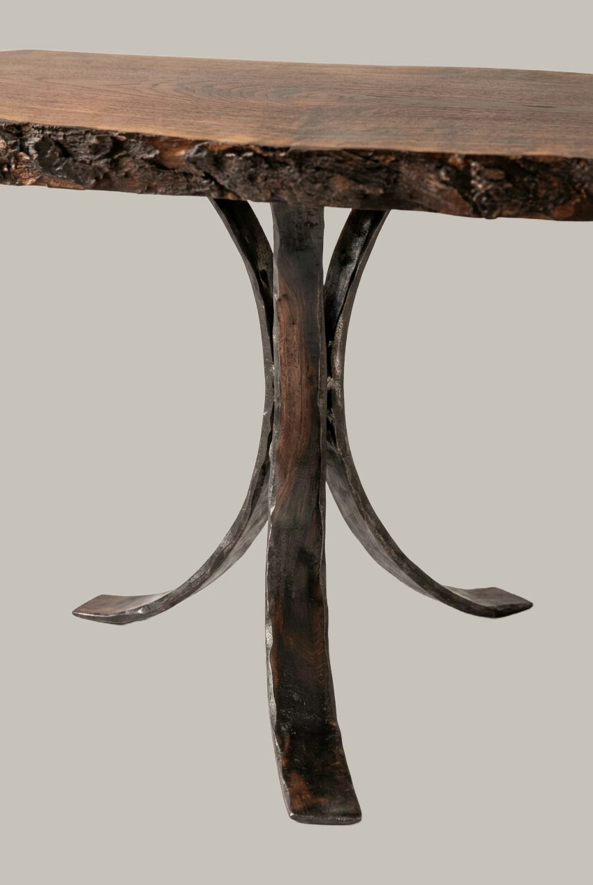 72 x 30 inch live edge walnut dining table on curved steel pedestal bases, alternate view