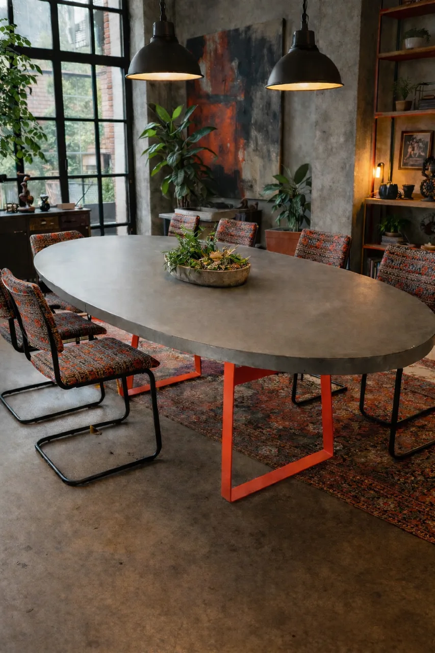 78 x 44 inch oval zinc dining table with orange powder-coated steel frame