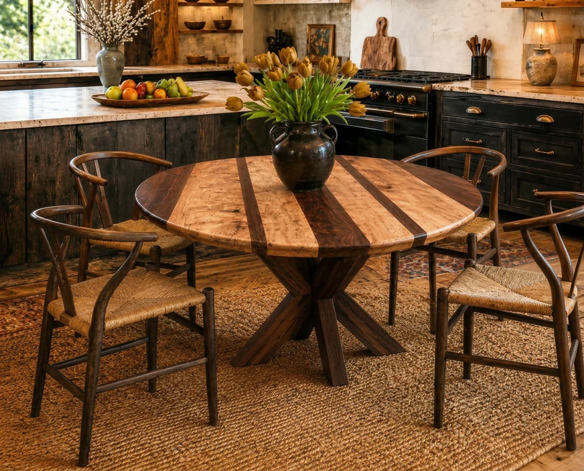 72 x 48 inch elliptical maple and walnut dining table on sculptural walnut X base