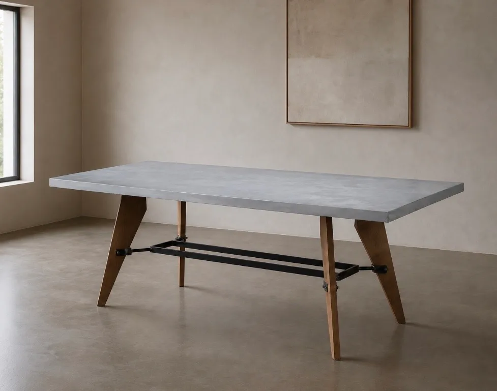 84 x 36 inch zinc top dining table with raw oak legs and steel stretcher