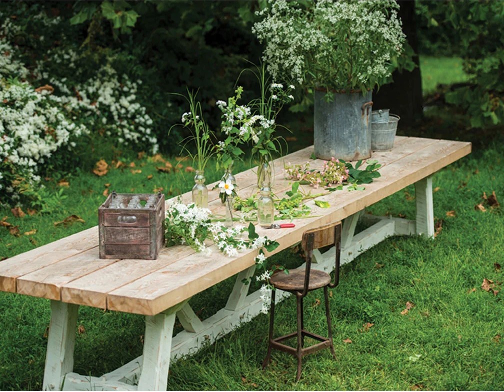 168 x 30 inch reclaimed timber outdoor dining table with distressed white base