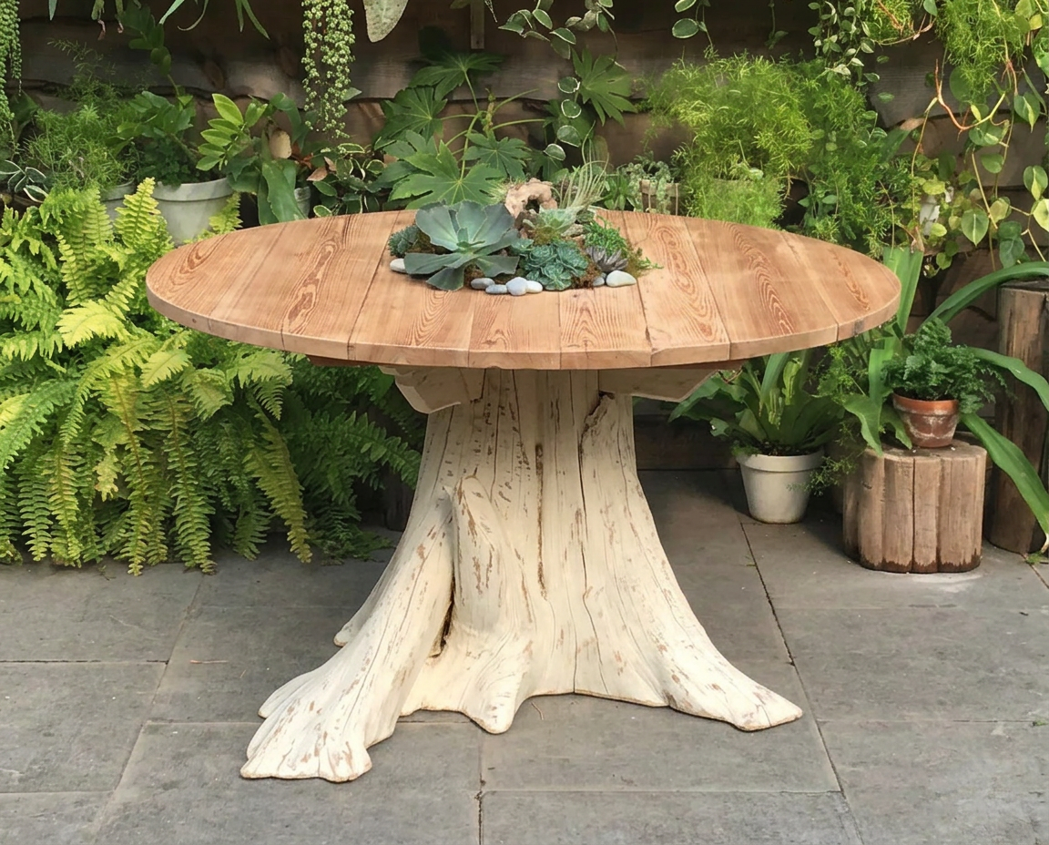 54 inch round cedar table on sculptural root-style base with recessed planter