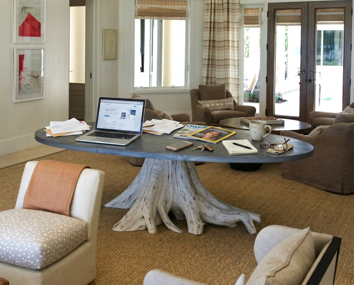 72 x 42 inch zinc top table on sprawling root base