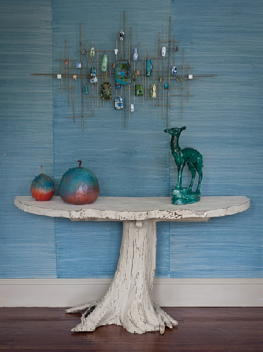 24 x 48 inch demi-lune live-edge console on distressed white root-style base
