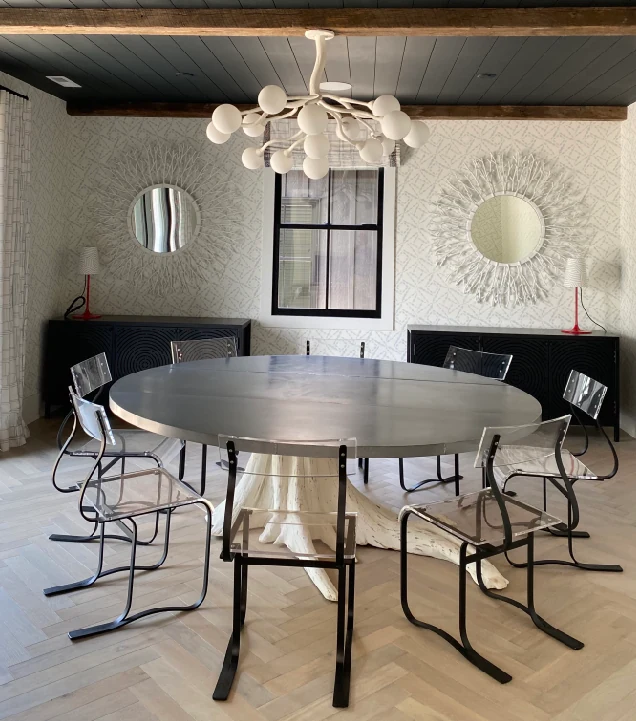 72 inch round zinc dining table on hand-finished tree root base