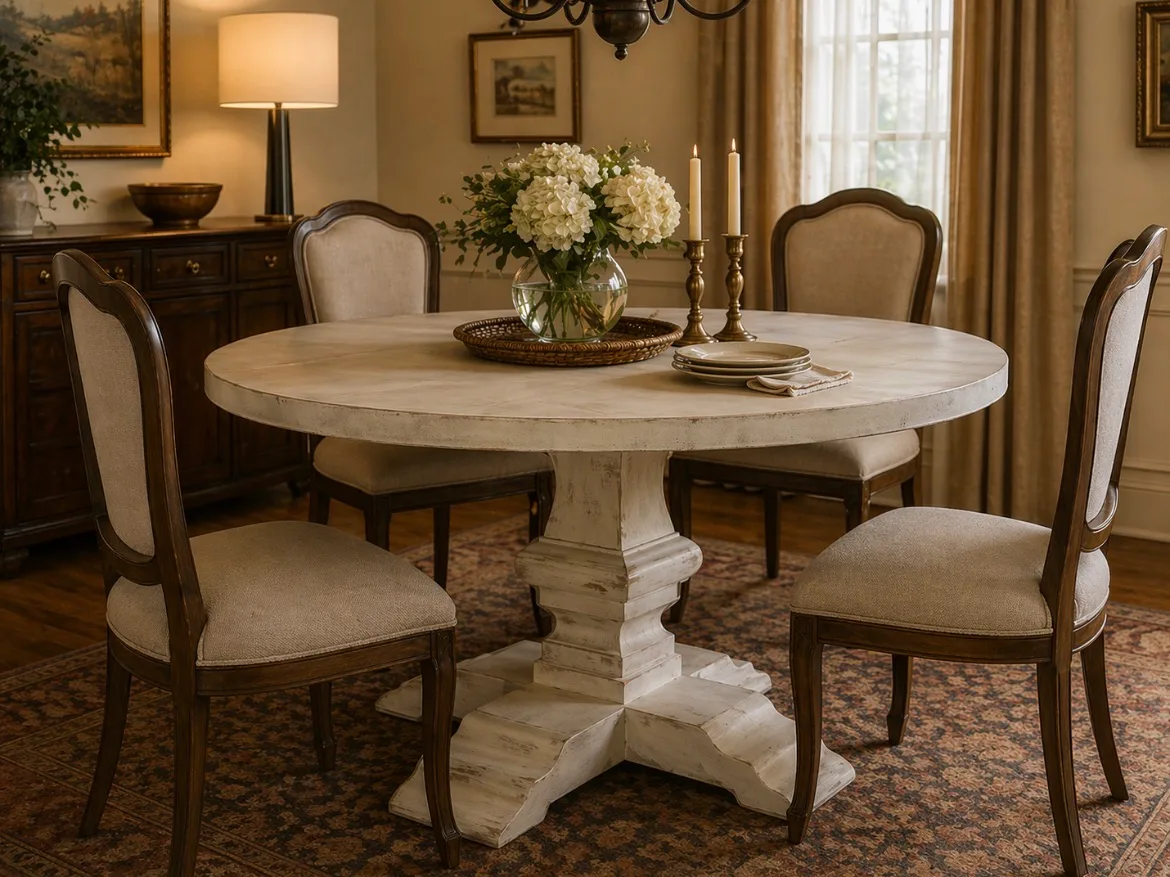 66 inch round distressed white pedestal dining table