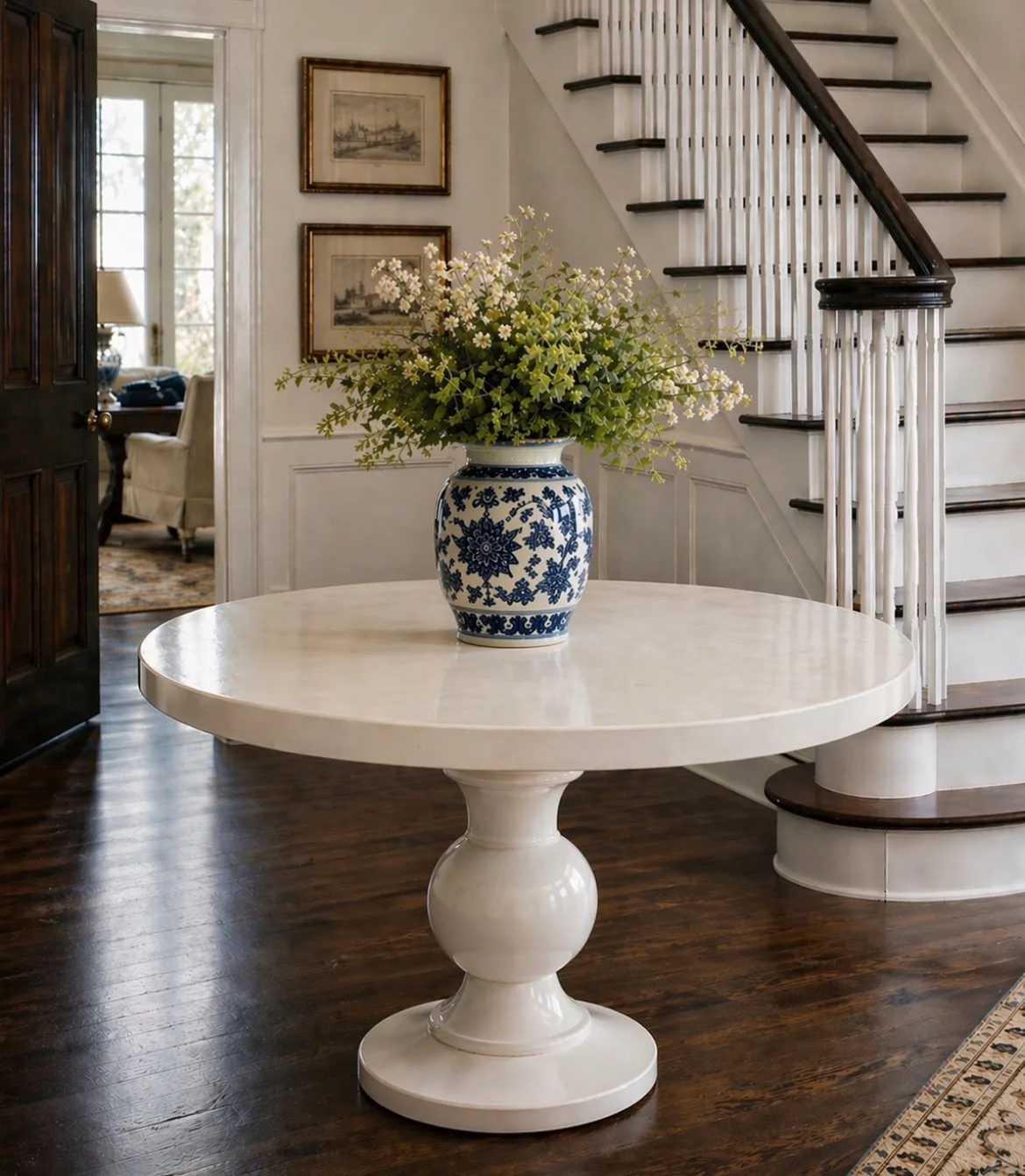 54 inch round white enamel dining table on Sphere pedestal base