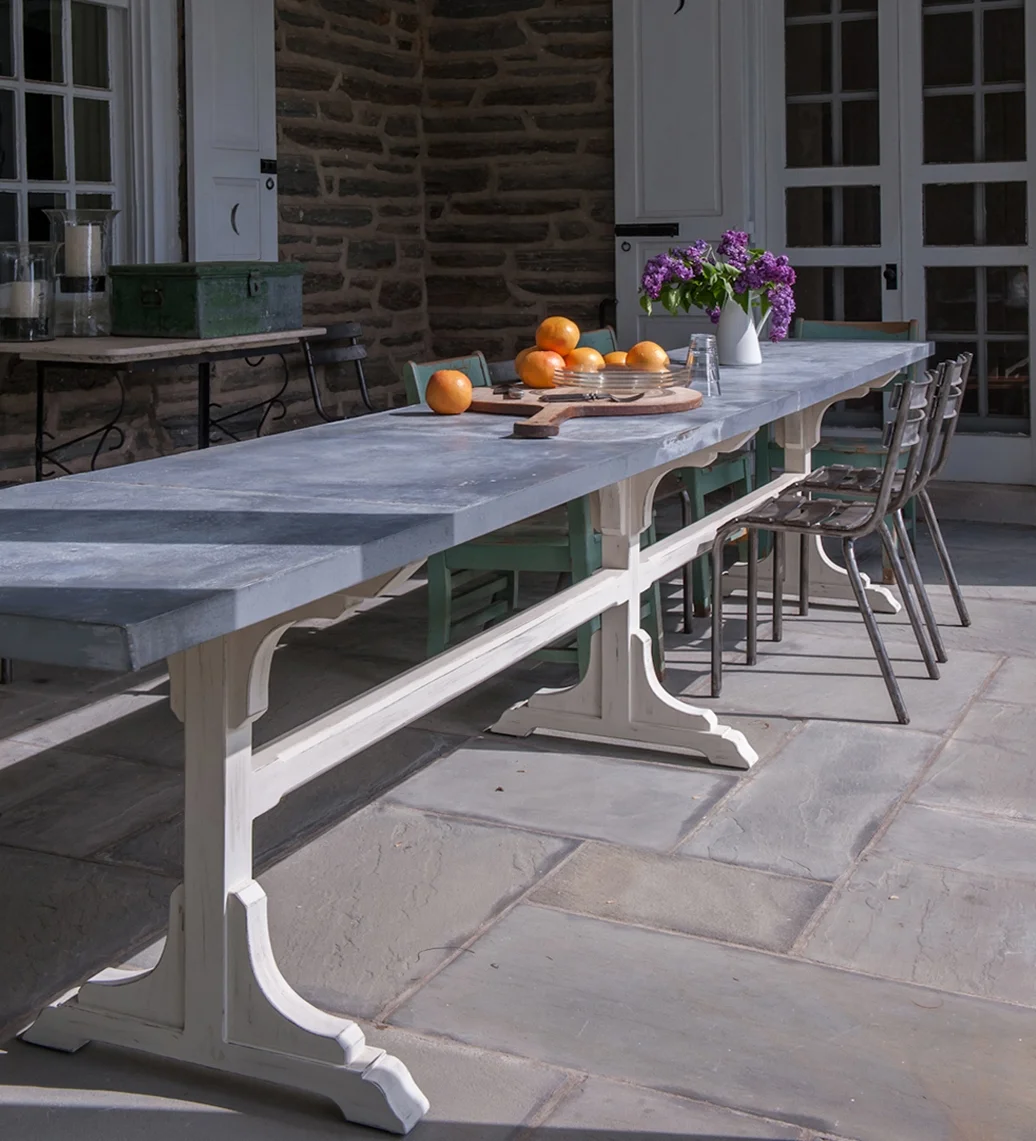 144 x 20 inch zinc top Bistro table with antiqued white base