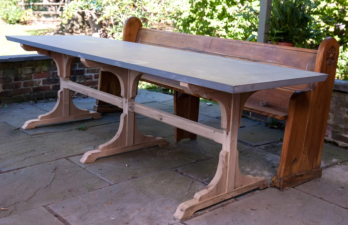 96 x 28 inch zinc top dining table on triple Bistro pedestal base
