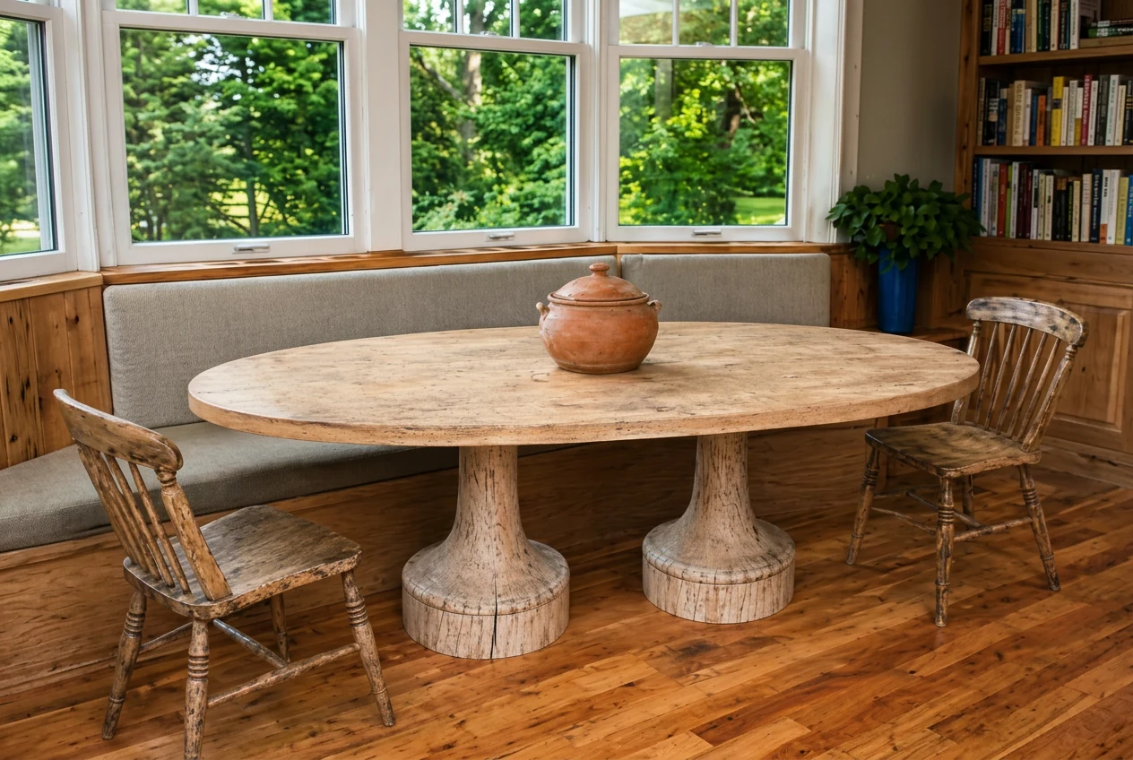 78 x 42 inch elliptical oval reclaimed wood dining table on reclaimed Chess-style double pedestal base