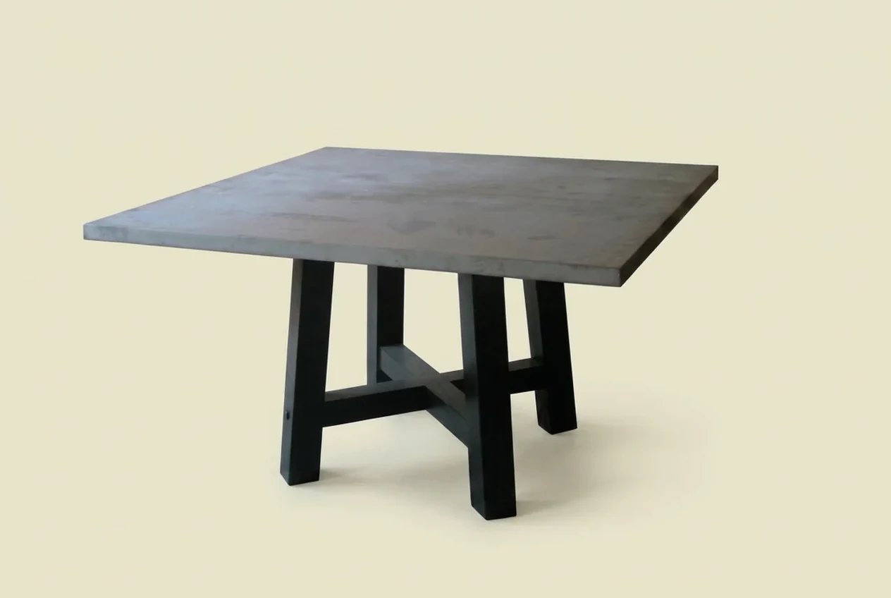 54 inch square zinc top table on painted Craftsman base