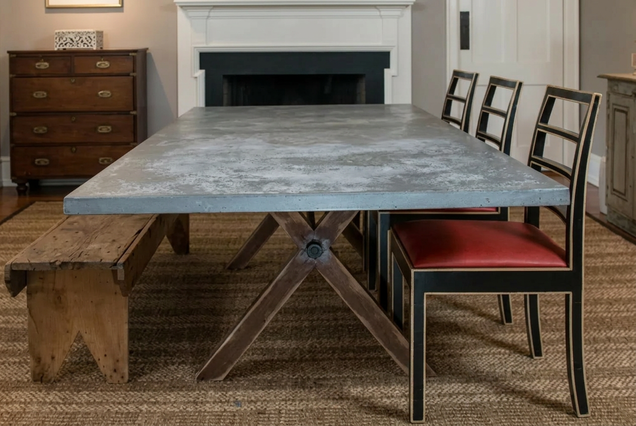 96 x 42 inch rectangular zinc dining table on painted distressed wood trestle base