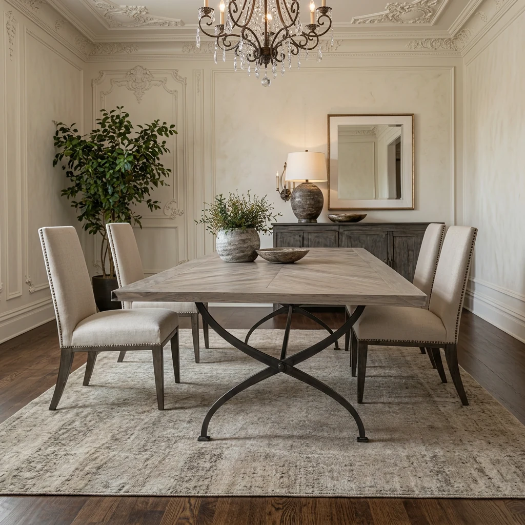 84 x 42 inch white oak herringbone dining table on darkened steel scissor base