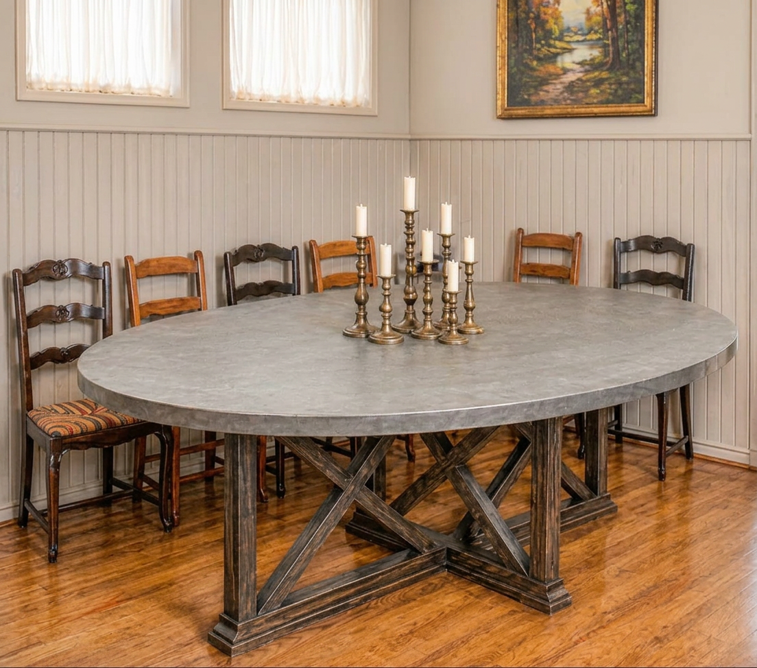 72 x 48 inch oval zinc dining table on distressed Bainbridge X base
