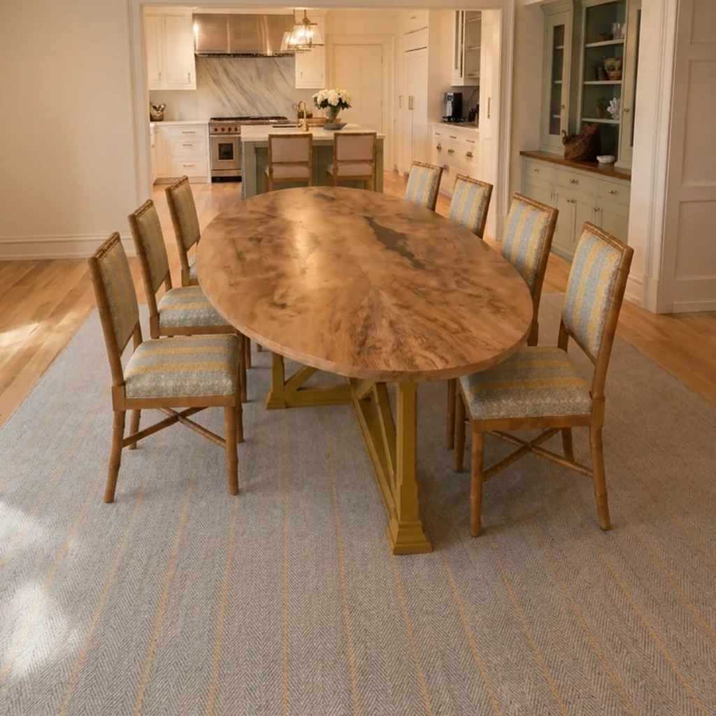 96 x 48 inch spalted maple oval dining table on painted Bainbridge base