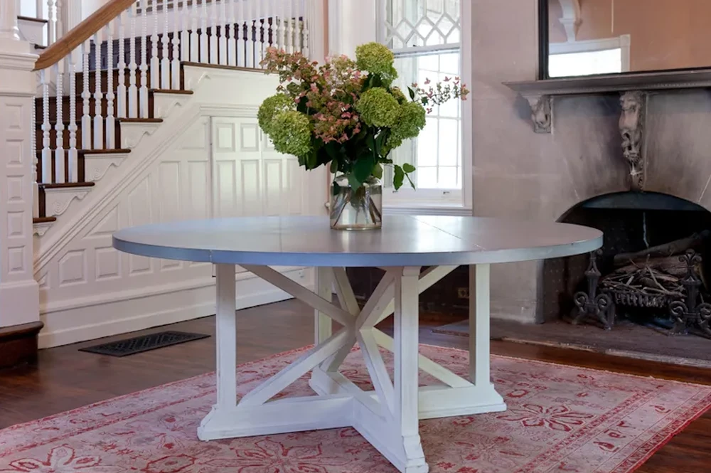 66 inch round zinc top Haverford table in a Philadelphia entry hall